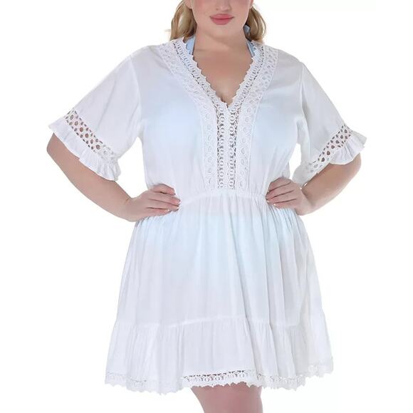 Raviya Plus Size Lace-Inset Mini Cover-Up Dress, White, Size 0X 0351 - Picture 1 of 3